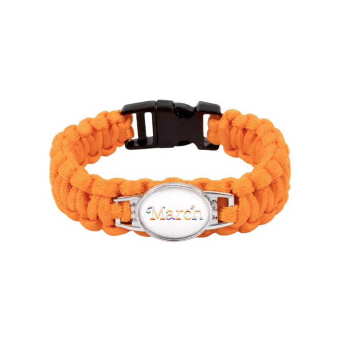 An orange braided paracord bracelet featuring a themed pendant that reads "March." Includes a black clasp.