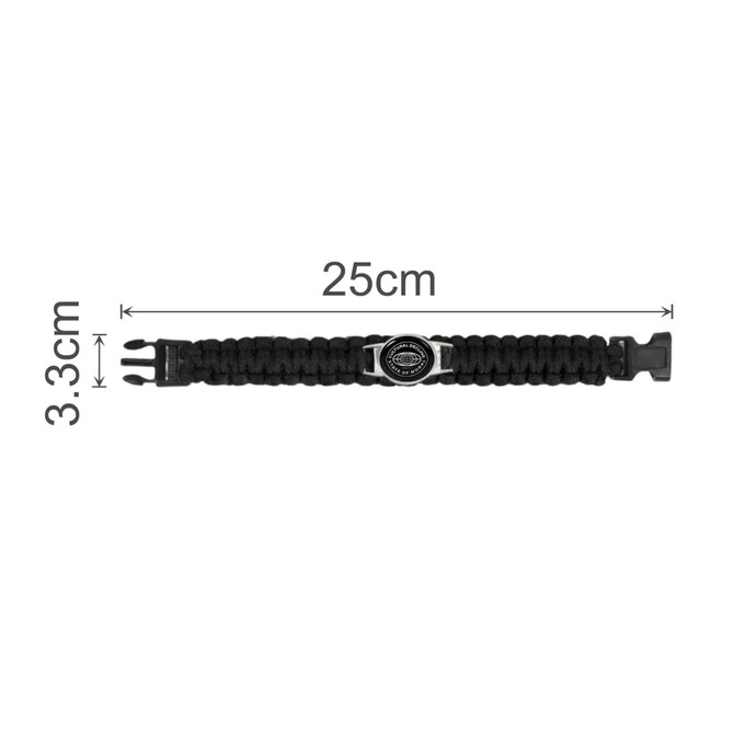 A black braided paracord bracelet featuring a themed pendant, measuring 25cm in length and 3.3cm in width.