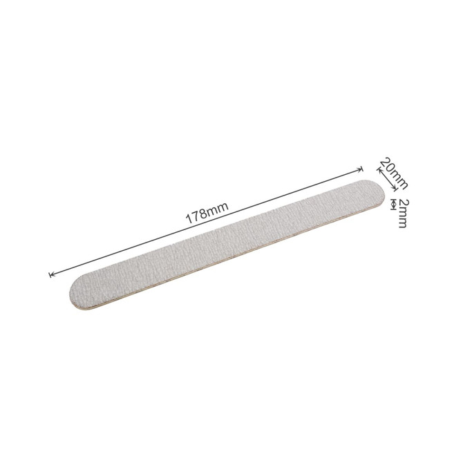 A pack of 50 wooden straight shape nail files in a light beige colour, measuring 178mm by 20mm by 2mm.