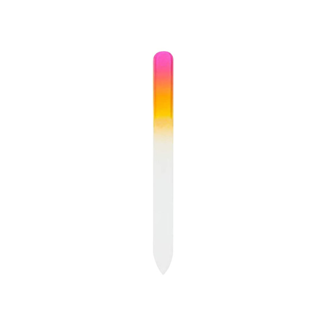 A gradient coloured glass nail file featuring pink and yellow hues, transitioning smoothly to clear at the tip.
