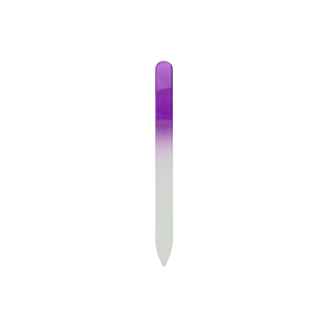 A crystal glass nail file with a purple gradient and a smooth, pointed end. It features a branding logo.
