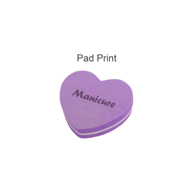 Heart-shaped purple nail files stacked together, featuring a smooth texture and a branding logo.