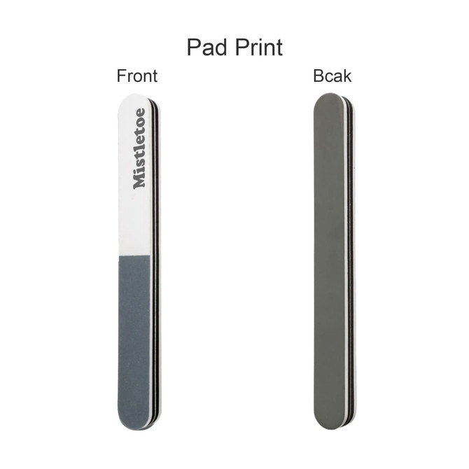 A pack of 10 triple-sided nail files in grey and black, featuring a branding logo and two different sides.