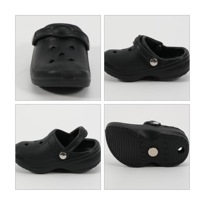 A set of four images featuring black clog shoes from different angles, showcasing a logo on the side.