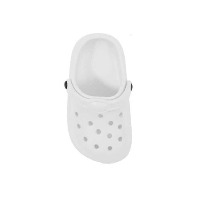 A white clog shoe-shaped charm featuring ventilation holes and a rounded design. The charm has a black button detail.