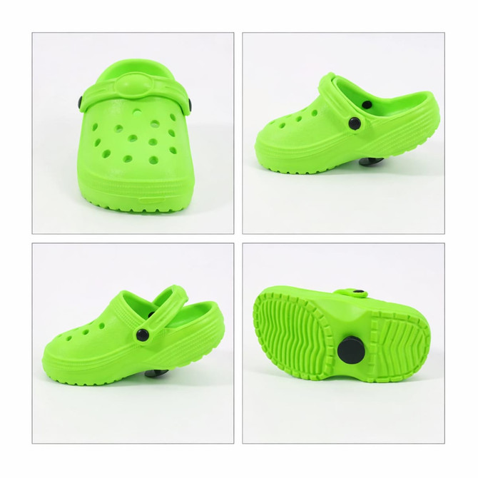Bright green clog shoe-shaped charms displayed from multiple angles, including top, sides, and bottom views.