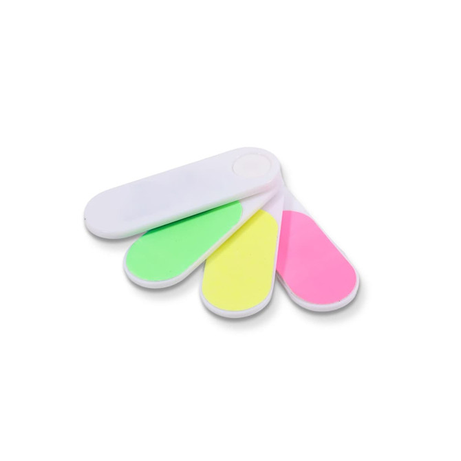 A foldable nail file block featuring green, yellow, and pink surfaces with a white casing. It includes a logo.