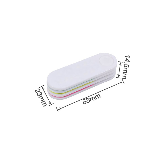 A foldable nail file block in white with green, pink, and yellow layers, measuring 68mm by 23mm by 14.5mm.