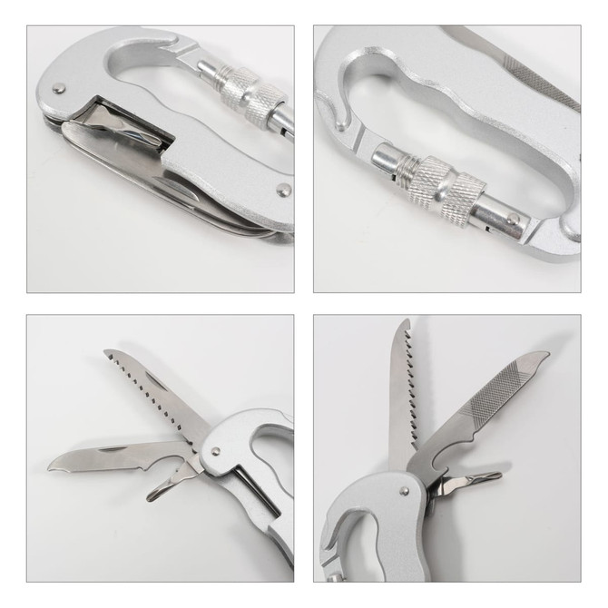 A silver multifunctional carabiner with various tools including a knife and file, featuring a textured grip.