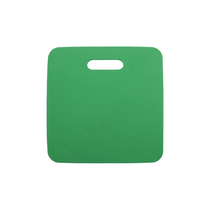 A green stadium seat cushion with a handle, featuring a smooth surface and a simple design.