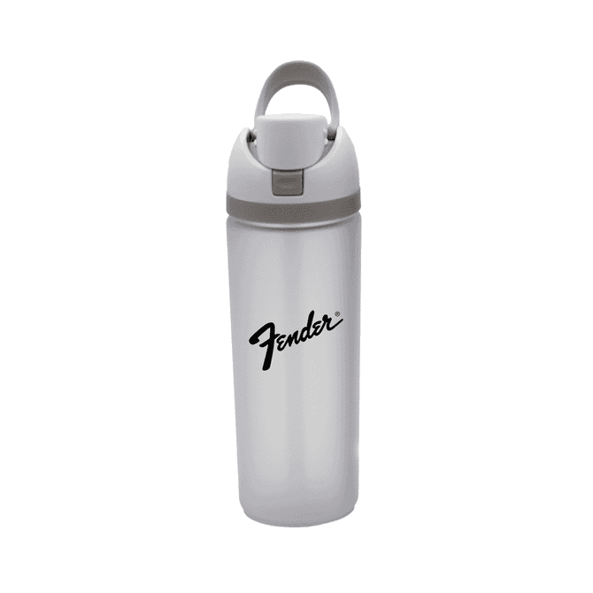 A drink bottle in silver with a grey lid and a carry handle, featuring a logo on the front.