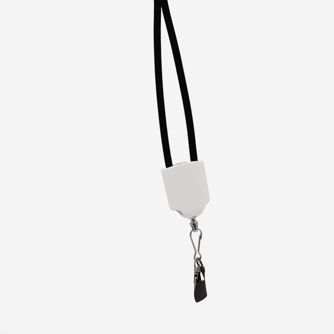 A black charging lanyard with a white attachment, featuring a clip for securing items.