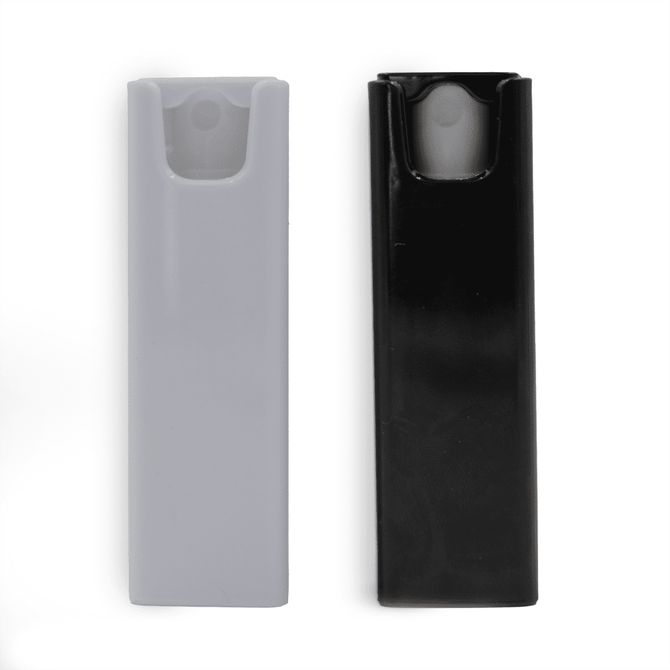 A screen cleaner in grey and black, featuring a sleek design with an integrated applicator.