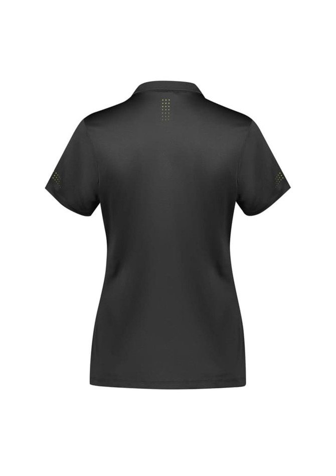 A women's short sleeve polo shirt in black with a subtle logo and detailed stitching on the back.