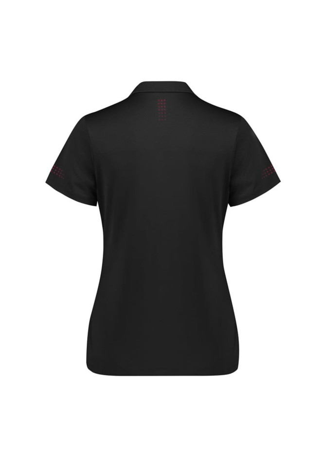 A black women's polo shirt with short sleeves, featuring a subtle logo and details on the back and sleeves.
