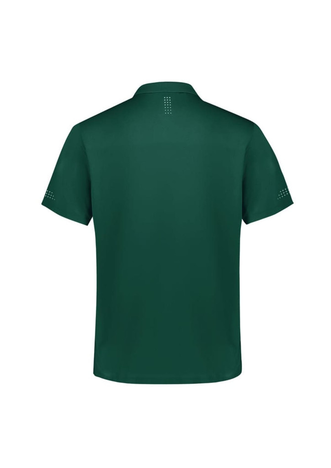 A green men's short sleeve polo shirt featuring a logo and detailed stitching on the back and sleeves.