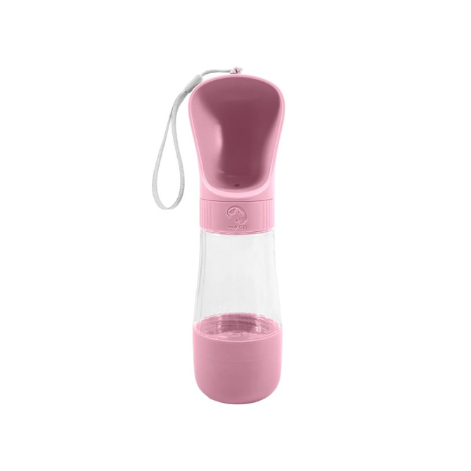 A pink drink bottle with a built-in food container and a matching strap. It features a logo on the side.