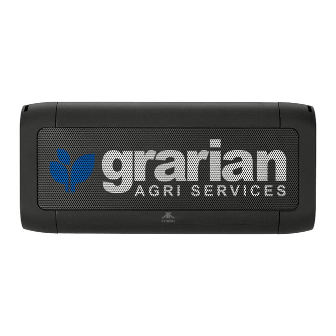 A black outdoor speaker with a mesh front, featuring a logo and a sturdy design for durability.