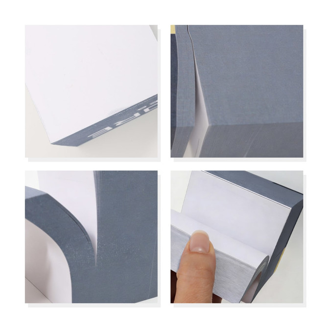 A set of four images showing Cube Notes in grey and white, featuring a block shape and layers of removable notes.