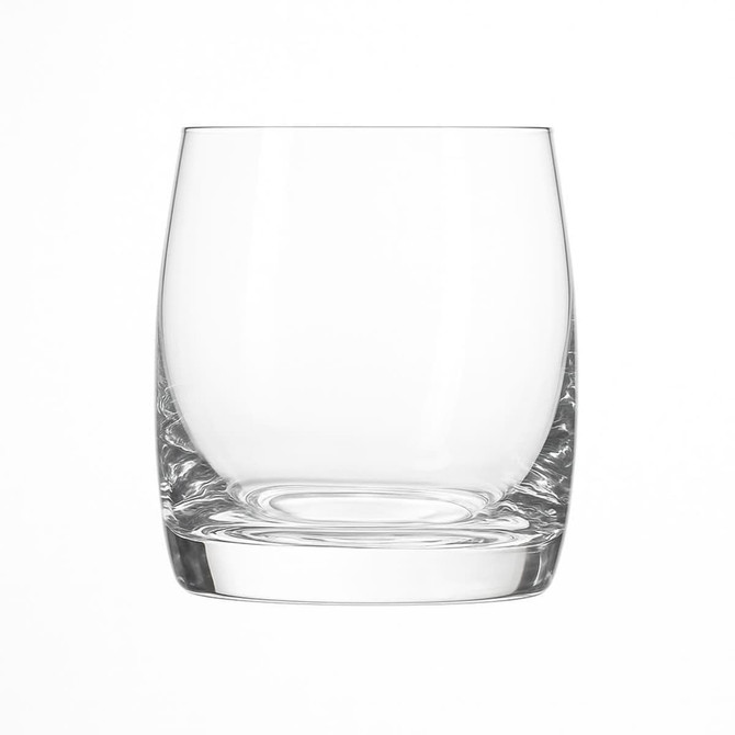 A set of six clear glass tumblers with a double old fashioned design, elegantly displayed in a gift box.