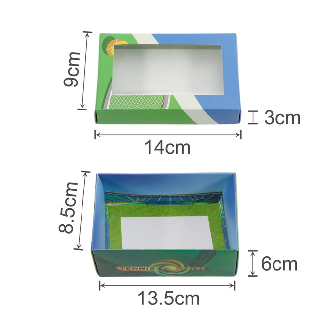 A custom gift box featuring a windowed removable lid, decorated with green and blue designs, measuring 14cm by 9cm.