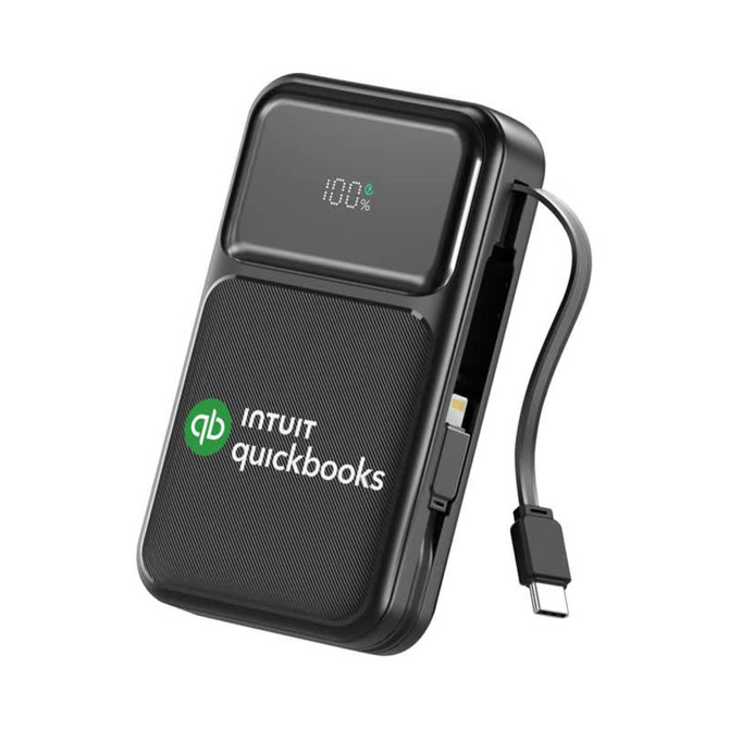 A black retractable cable power bank with a digital display and branding, featuring a 10000 mAh capacity.