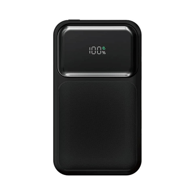 A black power bank with a textured surface and digital display showing battery percentage. It features a branding logo.