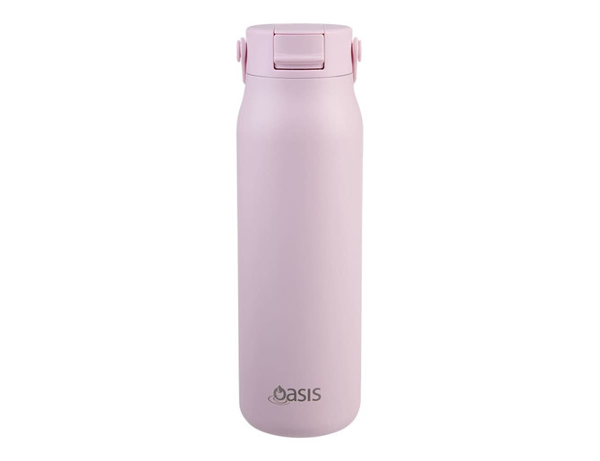 A drink bottle in soft pink with a sleek design and a logo at the bottom. It features a secure lid.
