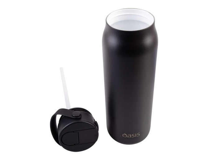 A drink bottle in matte black with a removable lid and straw, featuring a logo on the side.