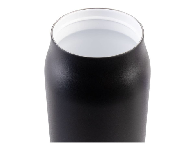 A drink bottle with a matte black exterior and a white interior, featuring a smooth, rounded design.
