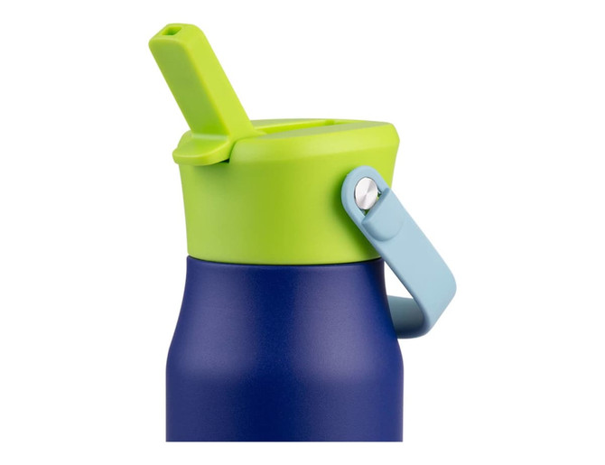A drink bottle with a navy blue body, green lid, and light blue handle, featuring a straw attachment.