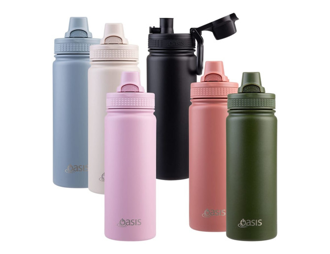 A drink bottle collection featuring six colours: light blue, white, pink, black, terracotta, and green, each with a cap and logo.