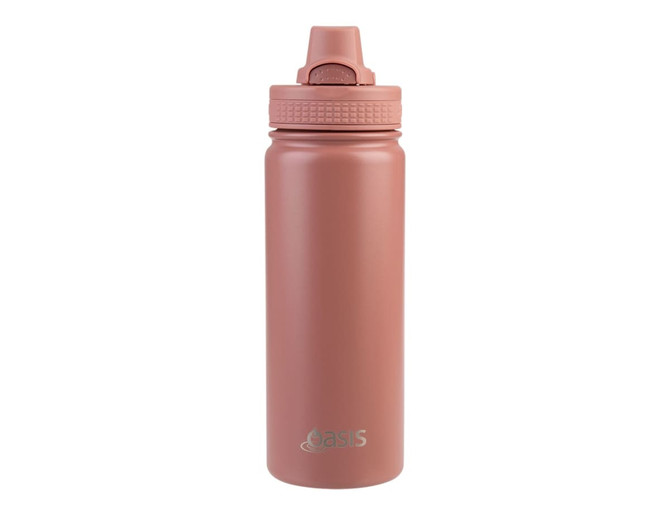A drink bottle in a muted pink colour with a vacuum sealed design and quick release cap, featuring a logo.