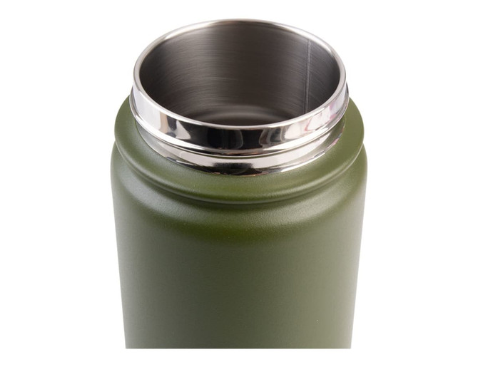 A drink bottle with a matte green finish and a stainless steel rim, featuring a vacuum quick release cap.