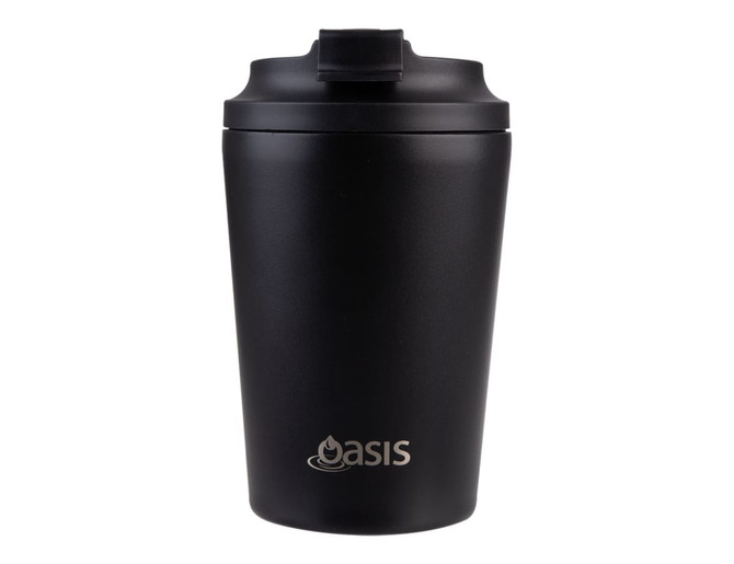 A drink bottle, black in colour, with a ceramic lining and a lid, featuring a logo on the front.