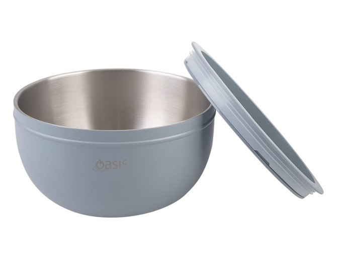 A double wall salad bowl in light blue with a stainless steel interior and a matching lid. Features a logo.
