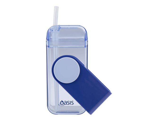 A drink bottle featuring a blue and clear design, with a straw and a round cap. It has a logo.