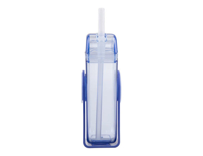 A drink bottle featuring a transparent body with blue accents and a built-in straw, designed for children.