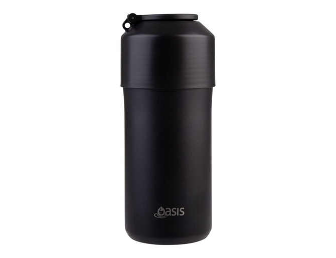 A drink bottle in matte black, featuring a secure lid and an applied branding logo. Insulated stainless steel design.