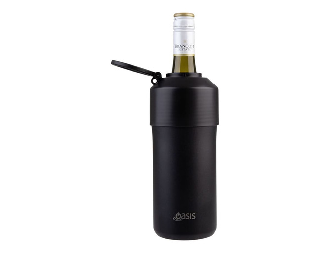 A drink bottle in matte black stainless steel with a carry handle and a bottle of wine inside. Features a logo.
