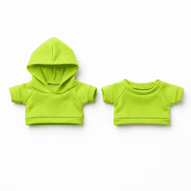 Two bright green plush toy outfits, one with a hood and the other a short-sleeve shirt.