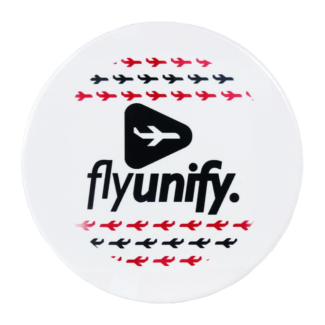 A circular ceramic coaster featuring a white background with red and black airplane silhouettes and a logo.