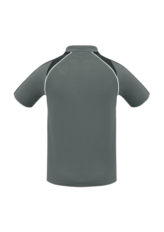 A grey short sleeve polo shirt featuring black accents and a logo on the chest.