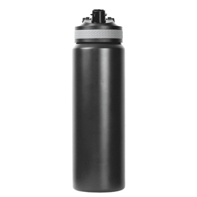 A drink bottle in black with a silver lid and a logo on its surface. It has a double wall design and holds 800ml.