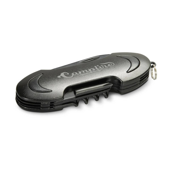 A black multi-function pocket knife with a shiny finish and a logo. It has various tools integrated into its design.