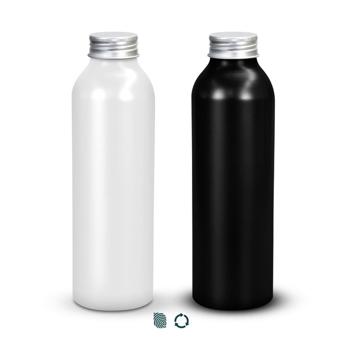 A drink bottle featuring a sleek design in black and white, with a silver screw top and a branding logo.