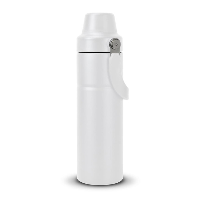 A drink bottle in white with a screw top lid and a side handle, featuring a sleek, modern design.
