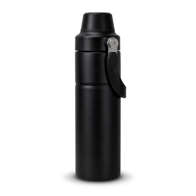 A drink bottle in sleek black with a secure lid and a carrying handle, featuring a logo.