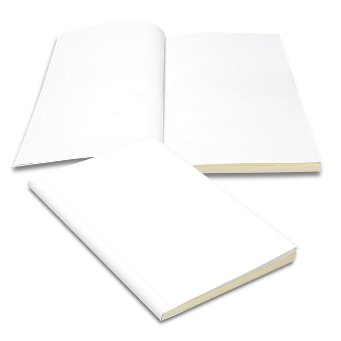 A white notebook with blank pages, featuring a smooth cover and a subtle spine. It has a branding logo.