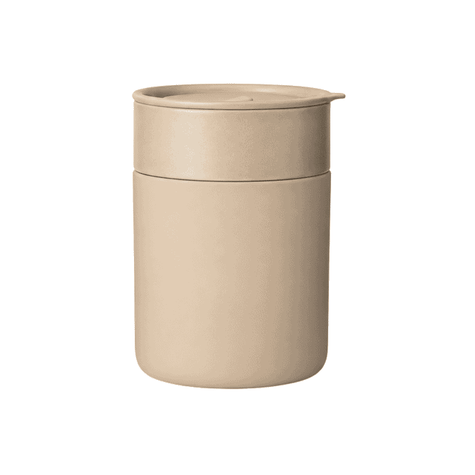 A ceramic coffee cup in a neutral beige colour, featuring a matching lid and a simple design. It has a logo on the surface.